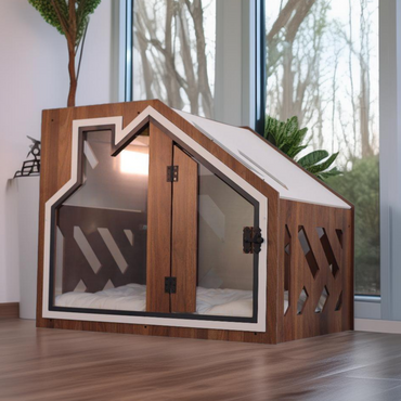 BCL Walnut Dog House styled in a living room