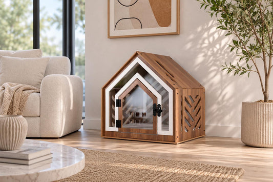 Manor Walnut Dog House - walnut indoor dog crate furniture, front view