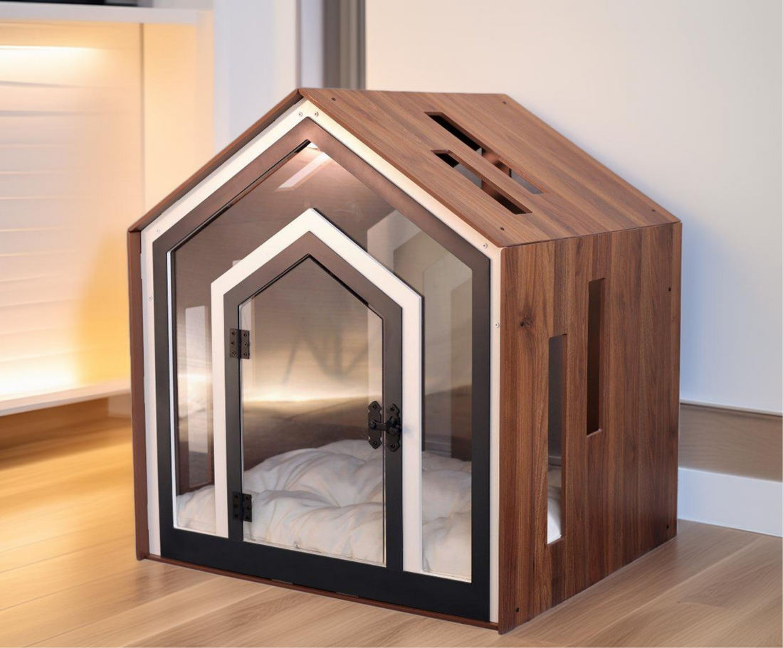 Mid Walnut Indoor Dog House on a white background, front view