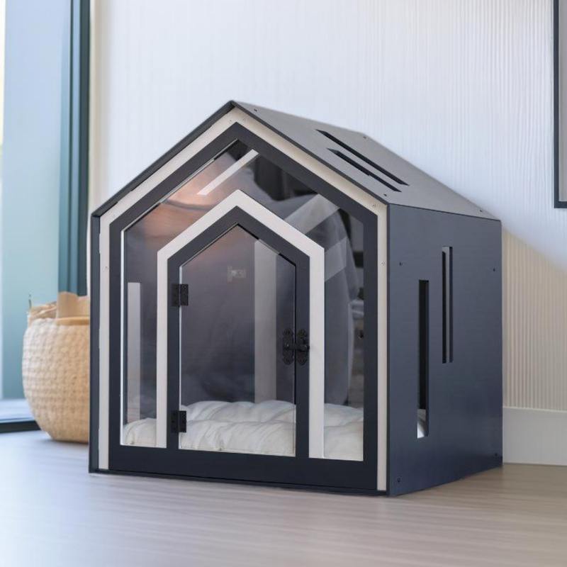 Mid Dark Gray Indoor Dog House styled in a living room