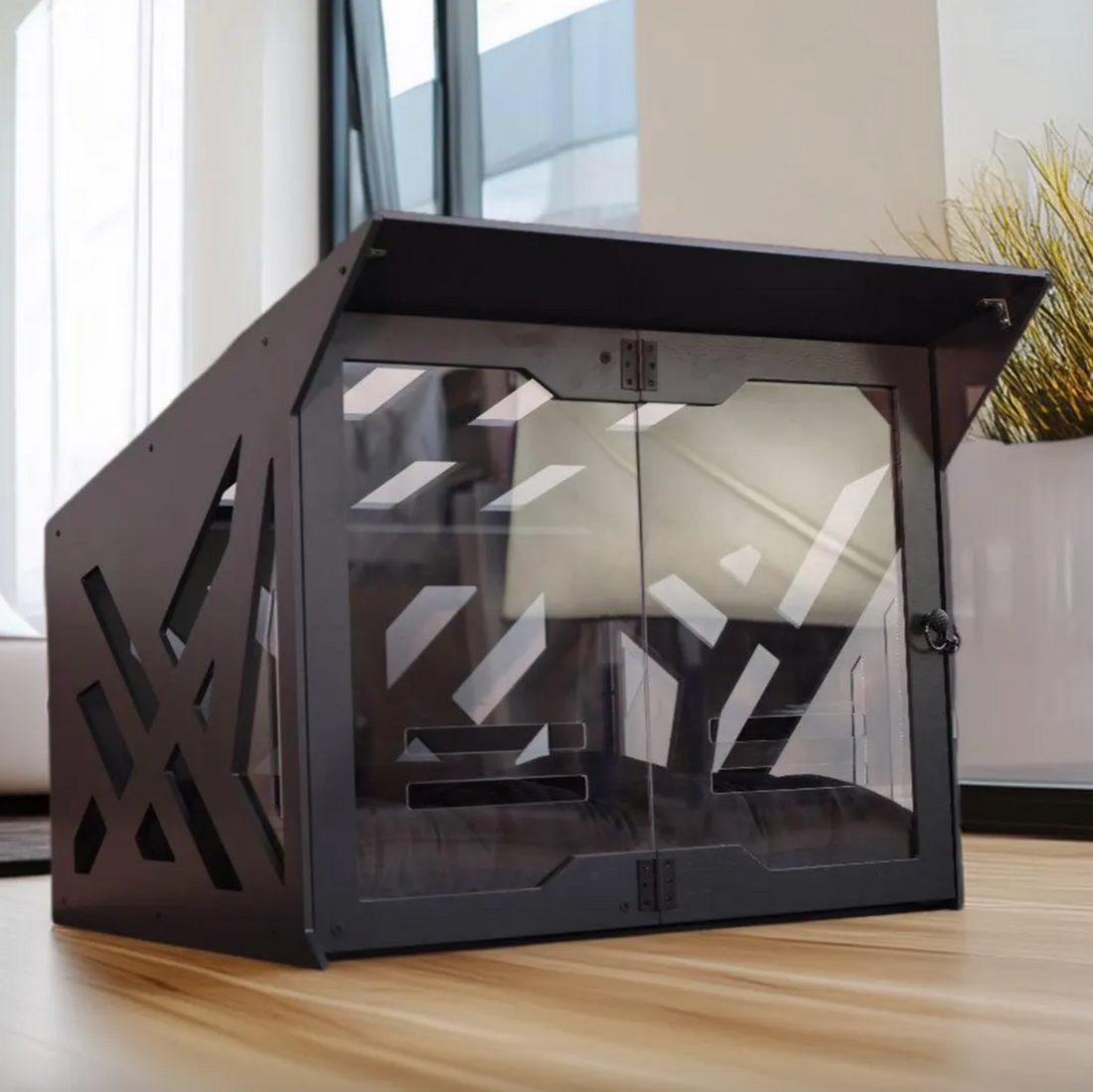 Master B Dark Gray Dog House styled in a living room