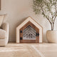 Cottage Walnut Dog House styled in a living room