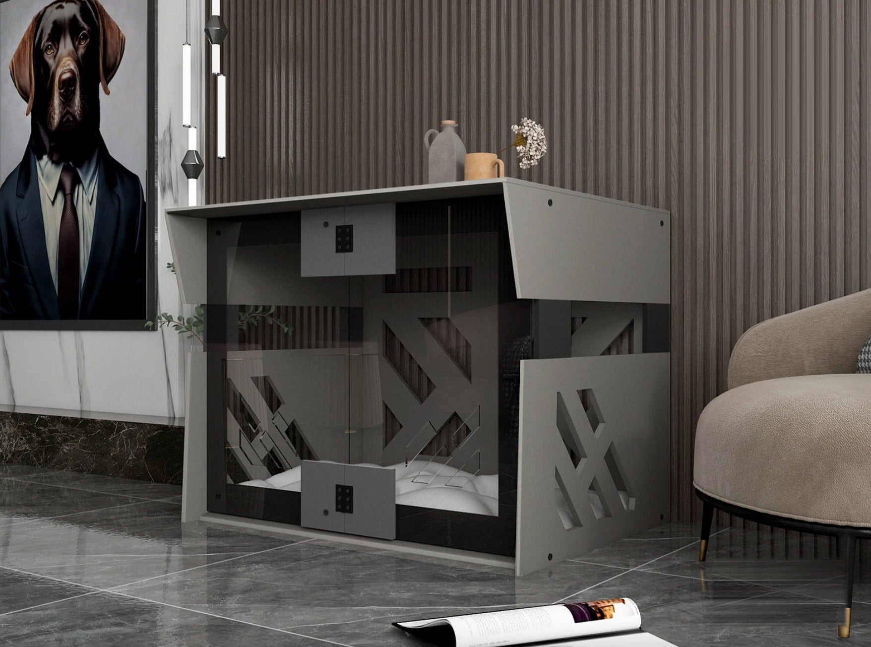 FOD Gray Indoor Dog Kennel styled in a living room