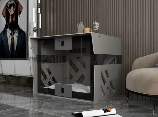 FOD Gray Indoor Dog Kennel styled in a living room