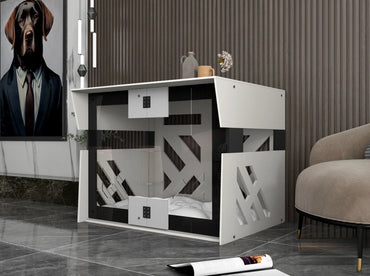 FOD White Indoor Dog Kennel as dog crate furniture in a modern interior