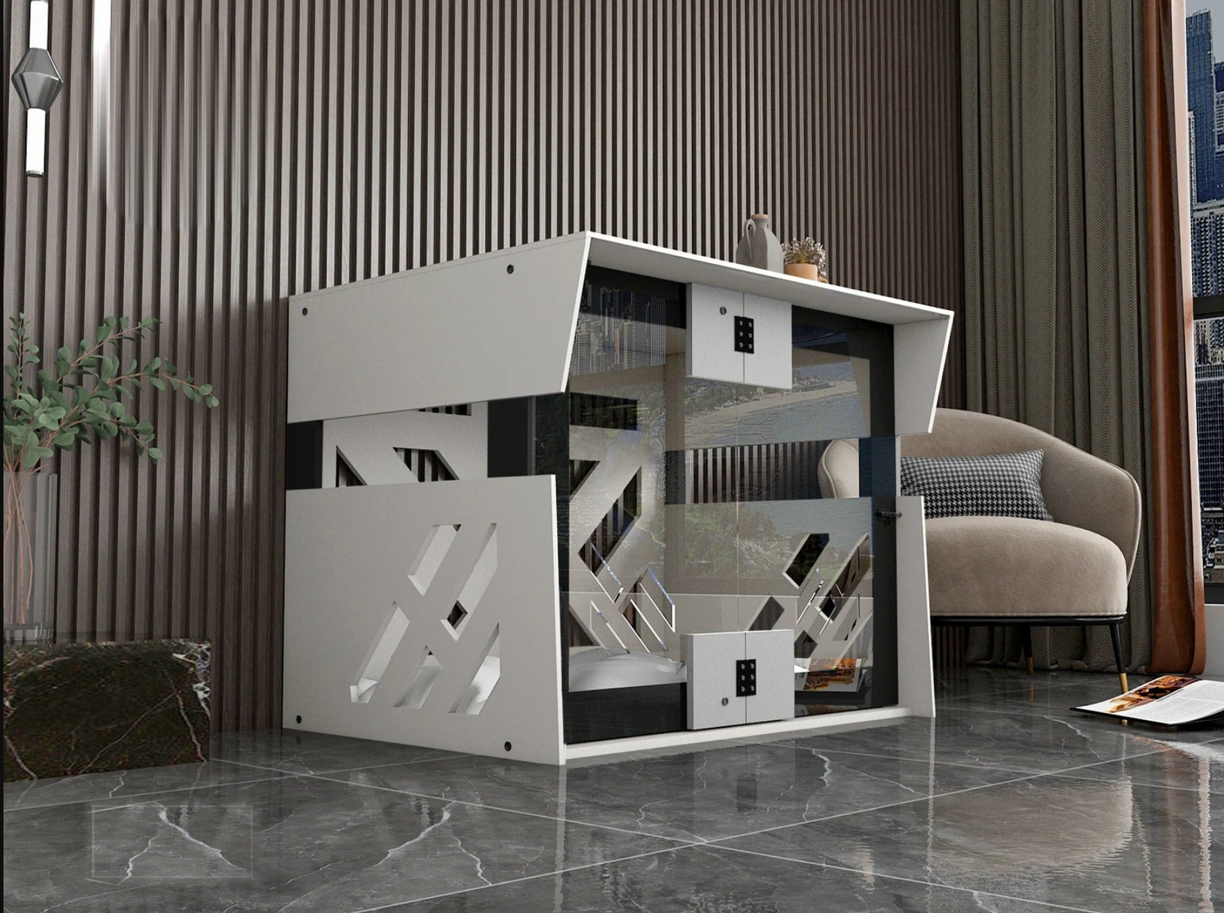 FOD White Indoor Dog Kennel styled in a living room