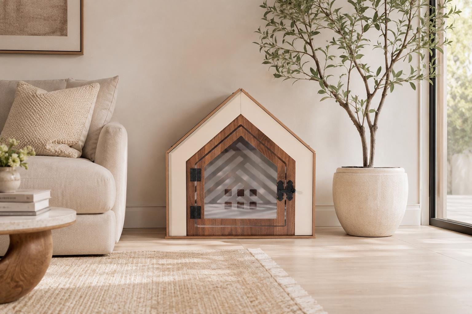 Cottage Walnut Dog House - walnut indoor dog crate furniture, front view