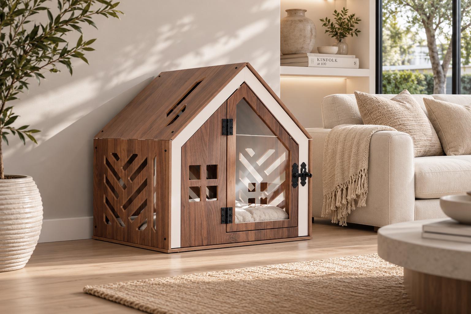 Gable Walnut Dog Crate Furniture - walnut indoor dog crate furniture, front view
