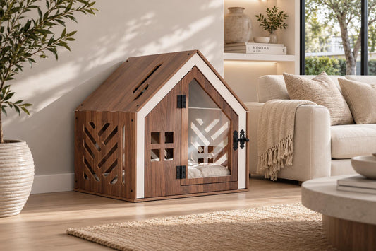 Gable Walnut Dog Crate Furniture - walnut indoor dog crate furniture, front view