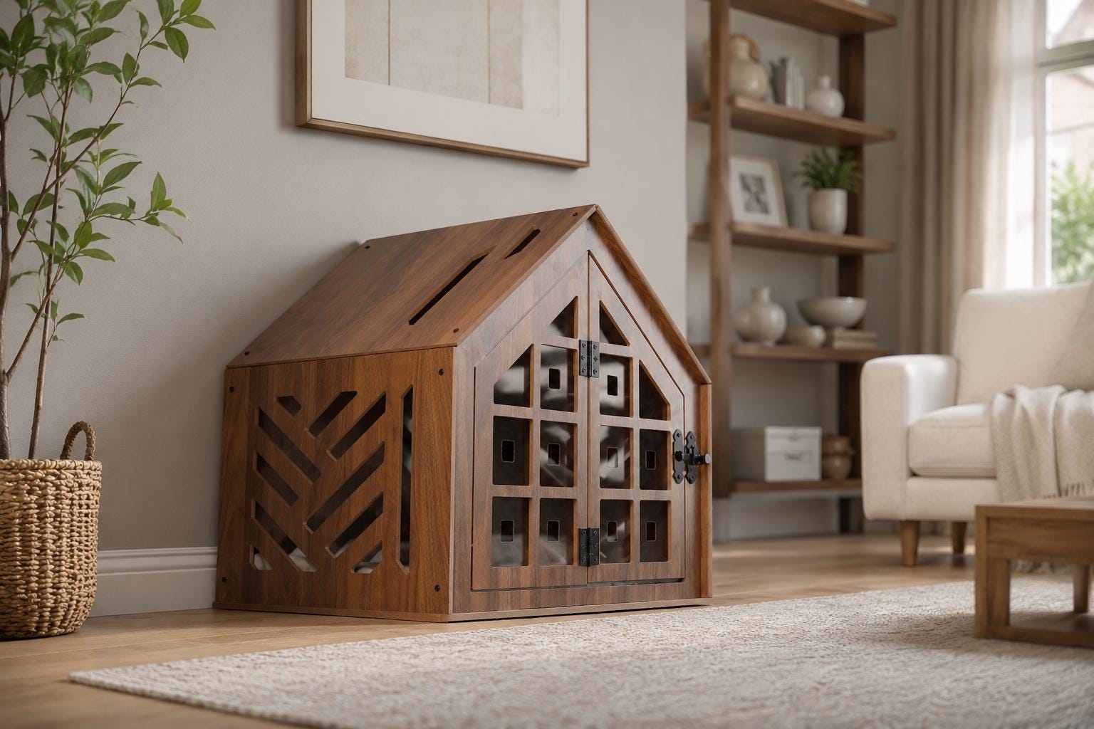 Lattice Walnut Dog House - walnut indoor dog crate furniture, front view