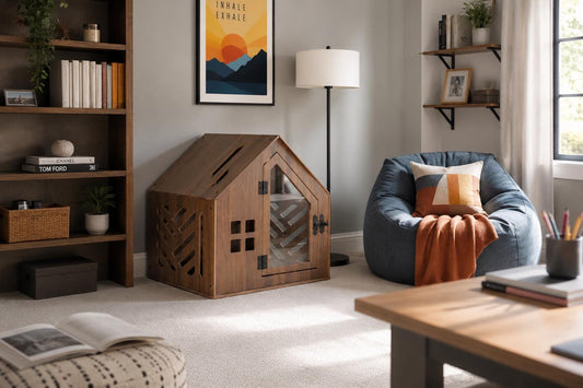 Classic Walnut Dog House - walnut indoor dog crate furniture, front view