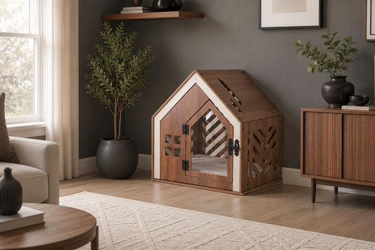 Nook Walnut Dog House - walnut indoor dog crate furniture, front view