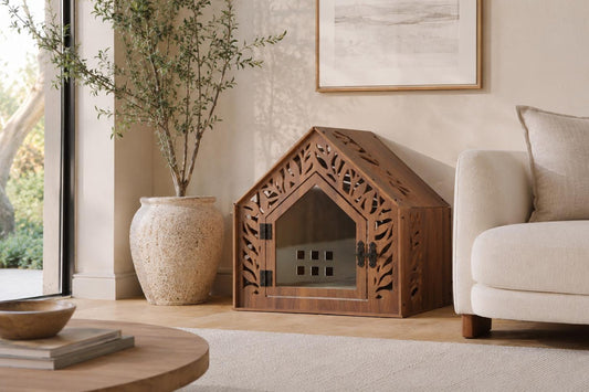 Leaf Walnut Dog House - walnut indoor dog crate furniture, front view