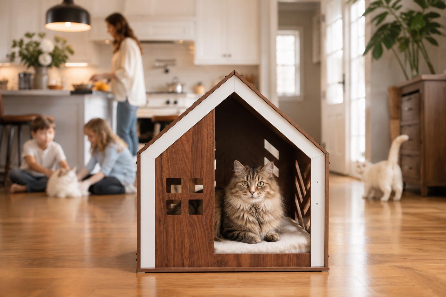 Open Walnut Pet House - walnut indoor dog crate furniture, front view