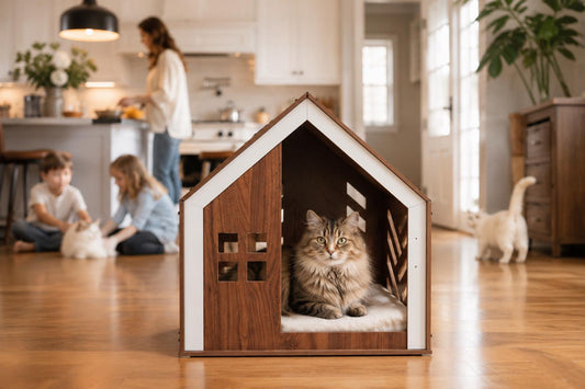 Open Walnut Pet House - walnut indoor dog crate furniture, front view