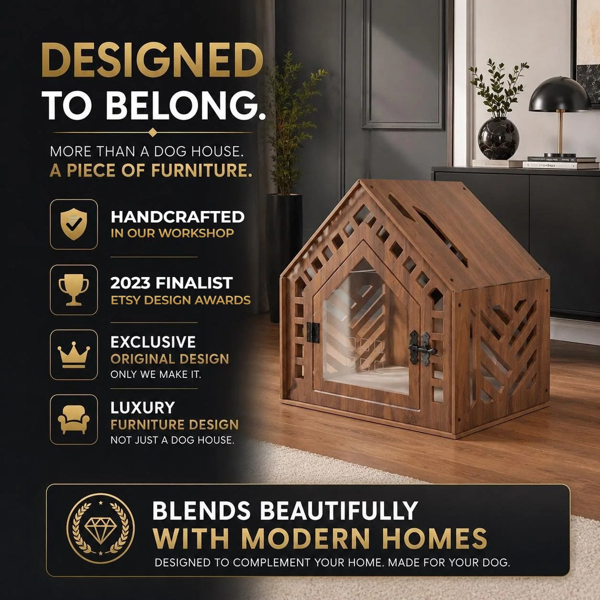 Chevron Walnut Dog House features: handcrafted in our workshop, from an Etsy Design Awards 2023 finalist brand, exclusive original design