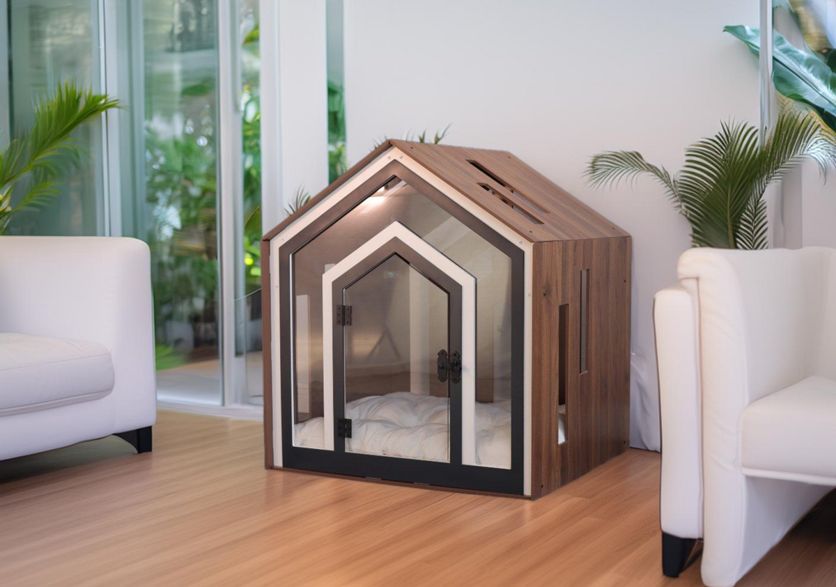 Mid Walnut indoor dog house with a clear acrylic door in a bright living room