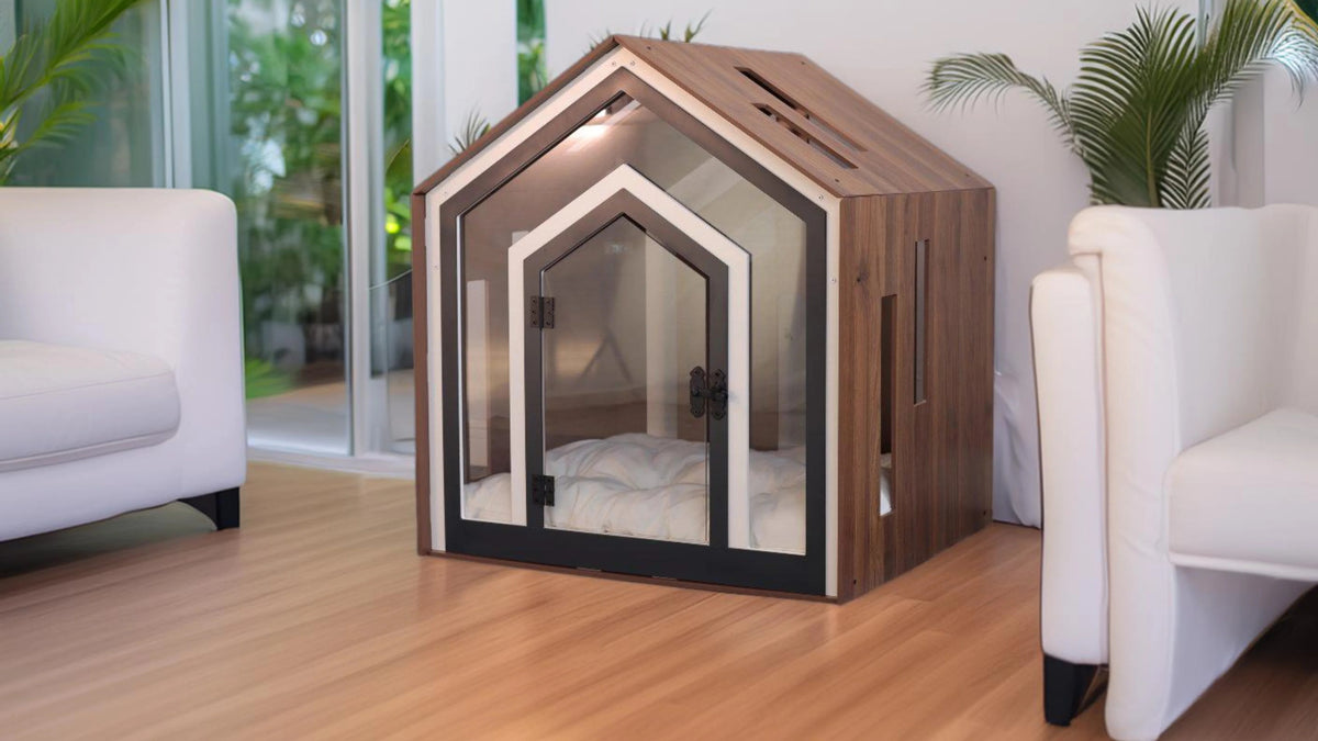 Mid Walnut indoor dog house with cushion in a bright living room