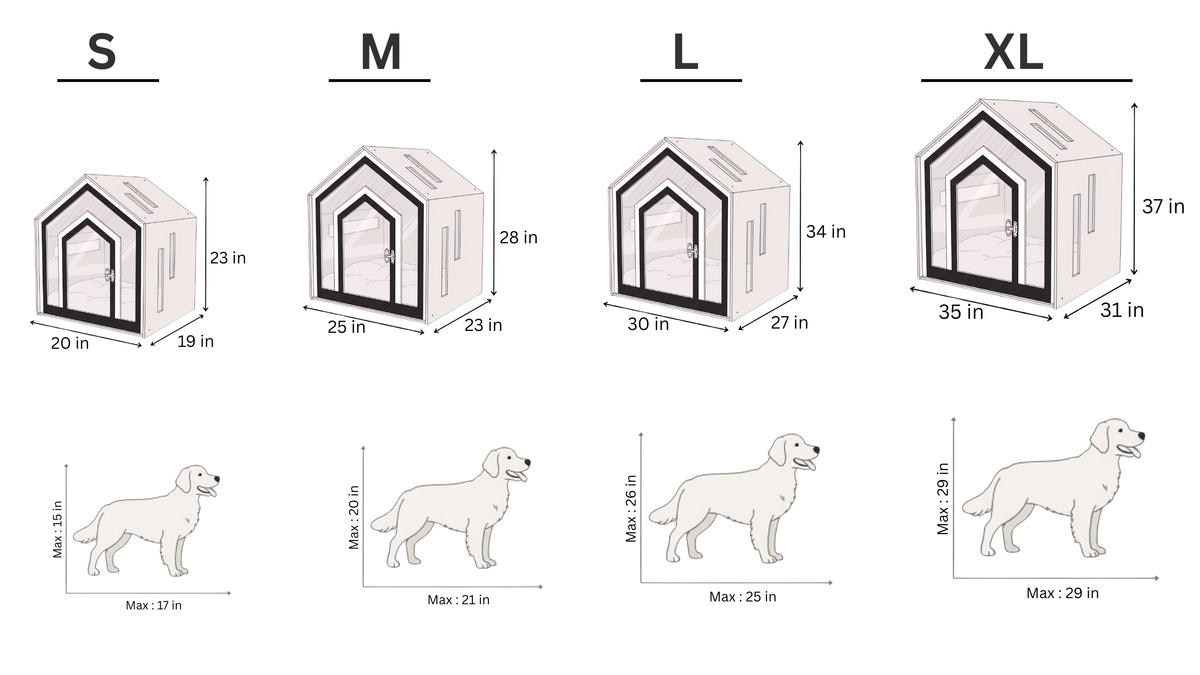 Lotus Dog House size guide: S, M, L and XL dimensions with dog height reference