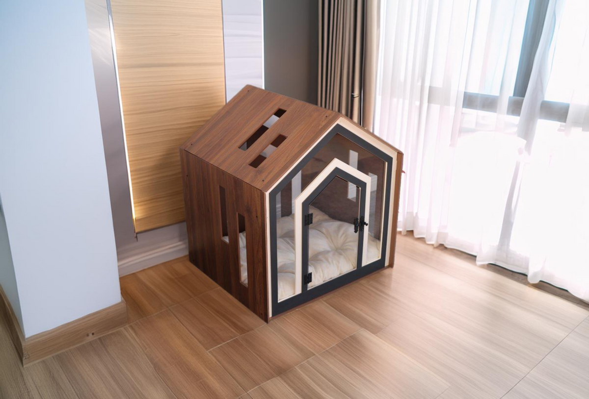 Handmade Mid Walnut dog house photographed in a customer home